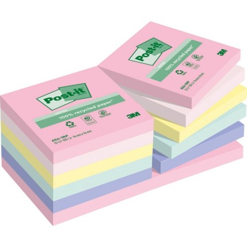 Ekologiczne karteczki samoprzylepne Post-it z certyfikatem PEFC Recycled, Pastelowe, 76x76mm, 16 bloczków po 100 kartek 654-1RPT Post-It 3M