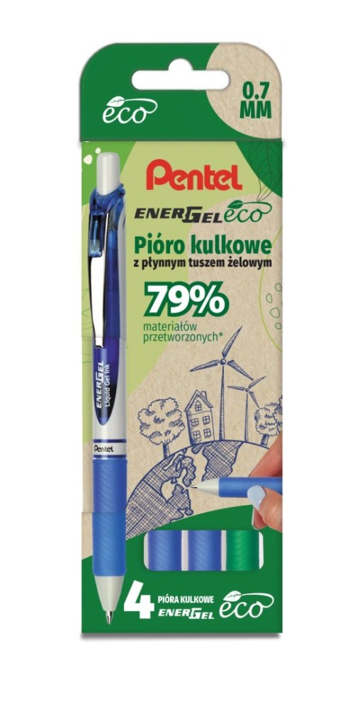 Pióro kulkowe ENERGEL ECO (kpl.4szt - zielony, 3x niebieski) BL77E-ST4DCCCPL PENTEL Pentel