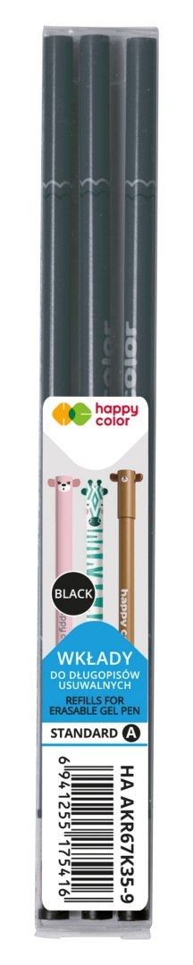 Wkłady do długopisu wymazywalnego, Standard A, 0.5mm, czarny, 3 szt. w etui, Happy Color HA AKR67K35-9 Happy Color