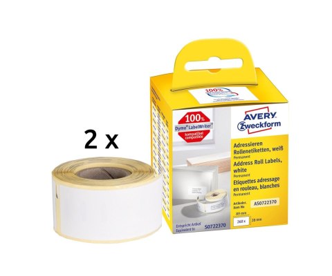 Etykiety adresowe AS0722370 28x89 260 et. x 2 w rolce do termodruku, trwałe, białe, Avery Zweckform Avery Zweckform