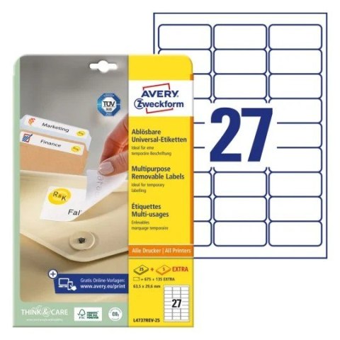 Etykiety uniwersalne L4737REV-25 63,5x29,6 30ark Usuwalne, Avery Zweckform Avery Zweckform
