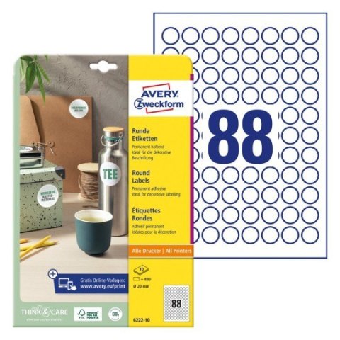 Etykiety o nietypowych kształtach, A4, 10 ark./op., Q20 mm, okrągłe, trwałe, AVERY ZWECKFORM, 6222.10.01 Avery Zweckform