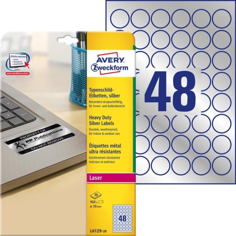 Etykiety znamionowe L6129-20 Q30 20 ark srebrne, poliestrowe, Avery Zweckform Avery Zweckform