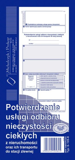 S-105-8 Potwierdzenie usługi odbioru nieczystości ciekłych oraz ich transportu do stacji zlewni 1/3 A4 MICHALCZYK I PROKOP Michalczyk i Prokop