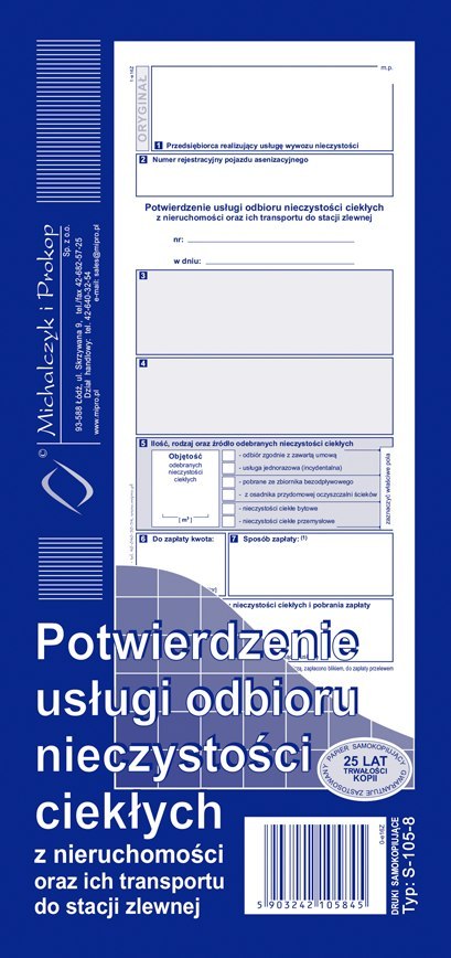 S-105-8 Potwierdzenie usługi odbioru nieczystości ciekłych oraz ich transportu do stacji zlewni 1/3 A4 MICHALCZYK I PROKOP Michalczyk i Prokop