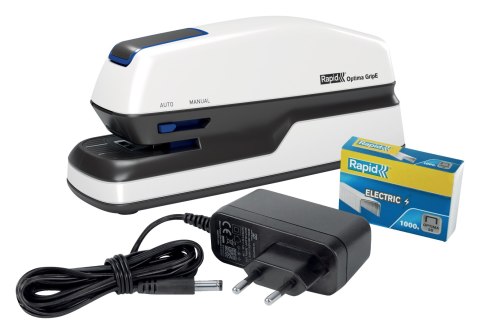 Zszywacz elektryczny Rapid Optima GripE, do 20 kartek, na baterię lub zasilacz, biały, 2102349 Rapid