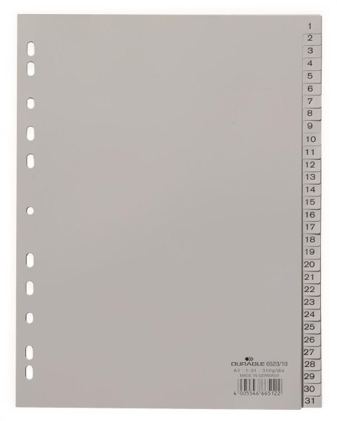 Przekładki PP A4 szare, nadrukowane indeksy, 1-31 Szary 652310 DURABLE Durable