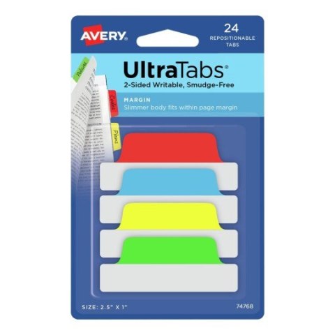 Ultra Tabs - samoprzylepne zakładki indeksujące, kolorowe, klasyczne, 63,5x25, 24 szt., Avery Zweckform 74768 Avery Zweckform