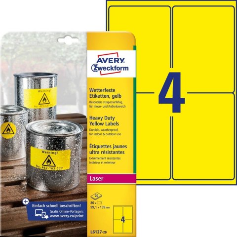 Etykiety Heavy Duty L6127-20 99,1 x 139 20 ark. żółte, poliestrowe, Avery Zweckform Avery Zweckform