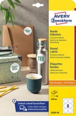 Etykiety o nietypowych kształtach, A4, 10 ark./op., Q80 mm, okrągłe, trwałe, AVERY ZWECKFORM, 6229.10.01 6229-10 biale Avery Zweckform