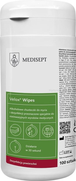 MEDISEPT VELOX WIPES Chusteczki na bazie alkoholu do szybkiej dezynfekcji powierzchni 100 sztuk Velox