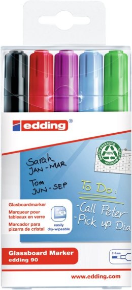 Marker EDDING do tablic szklanych czarny,czerwony,fioletowy,błękitny, zielony etui 5 szt. 90/5s/000 ed (X) Edding