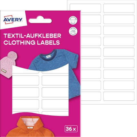 Naklejki na ubrania; 46 x 13 mm, 2 ark/36 naklejek., białe, AVERY ETVET36 Avery Zweckform