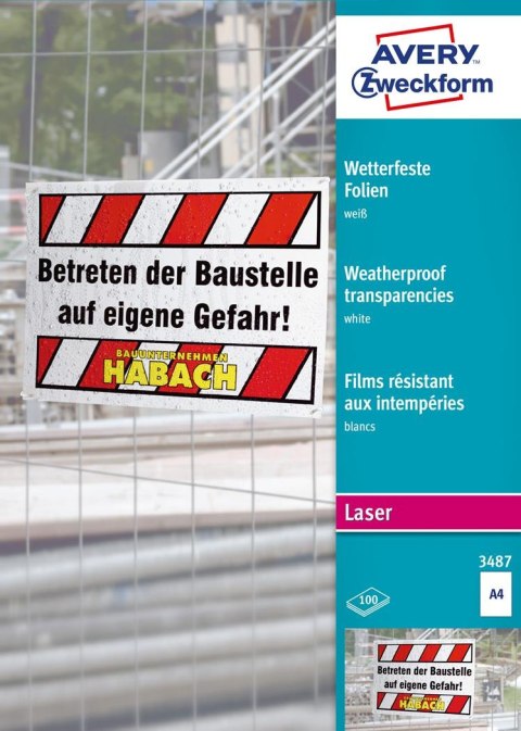 Folie do użytku zewnętrznego 3487 A4 100ark Białe, powlekane, grubość 0,12 mm, Avery Zweckform (X) Avery Zweckform