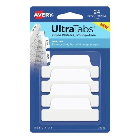 Ultra Tabs - samoprzylepne zakładki indeksujące, białe, 63,5x25, 24 szt., Avery Zweckform 74789 Avery Zweckform