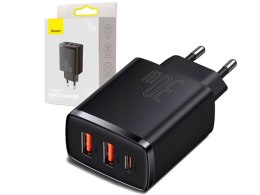 Ładowarka sieciowa/ścienna BASEUS Compact Quick Charger, 2xUSB, USB-C, PD, 3A, 30W (CCXJ-E01) czarna BASADA47332 Baseus