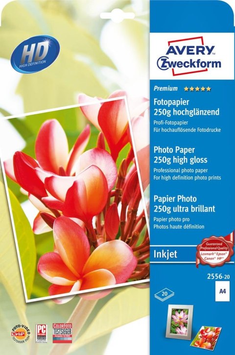 Papier foto wysokobłyszczący 2556-20 A4 20 ark. Premium, biały, 250g, Avery Zweckform (X) Avery Zweckform