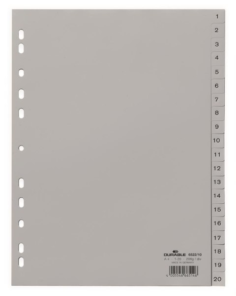 Przekładki PP A4 szare, nadr. indeks, 1-20, 2 0 części Szary 652210 DURABLE Durable Przekładki PP A4 szare, nadr. indeks, 1-20, 2 0 części Szary 652210 DURABLE Durable