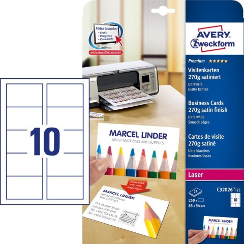 Wizytówki Quick&Clean C32026-25 85x54 mm 25 ark. 250 szt., 270 g, satynowane, śnieżnobiałe, Avery Zweckform (X) Avery Zweckform Wizytówki Quick&Clean C32026-25 85x54 mm 25 ark. 250 szt., 270 g, satynowane, śnieżnobiałe, Avery Zweckform (X) Avery Zweckform