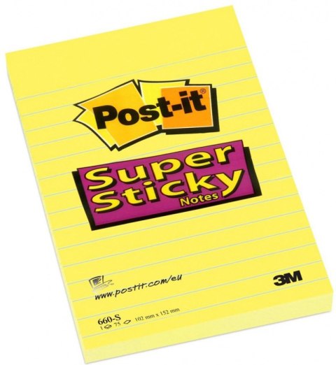 Bloczek samoprzylepny POST-IT_ Super Sticky (660-S), 102x152mm, 1x75 kart., żółty Post-It 3M