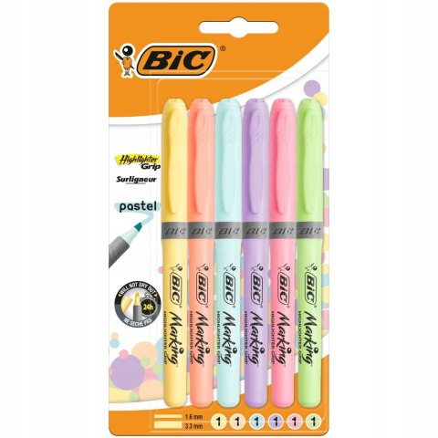 Zakreślacze BIC Highlighter Grip Pastel mix Blister 6szt, 992561 Bic